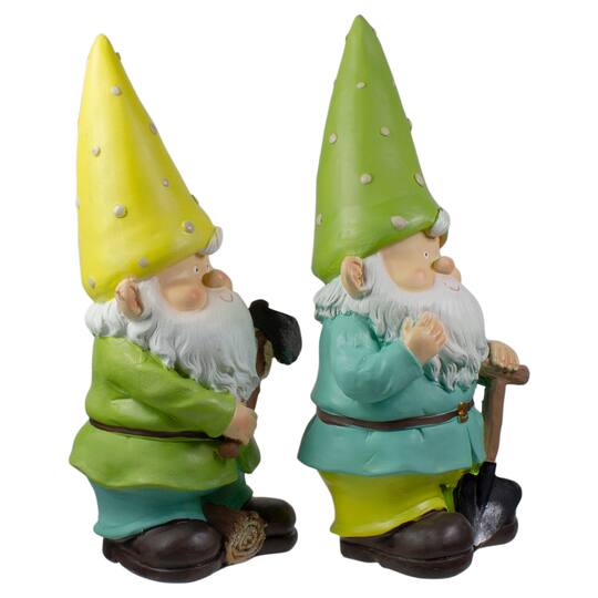 12.25" Green & Yellow Gnome Outdoor Garden Statue Set